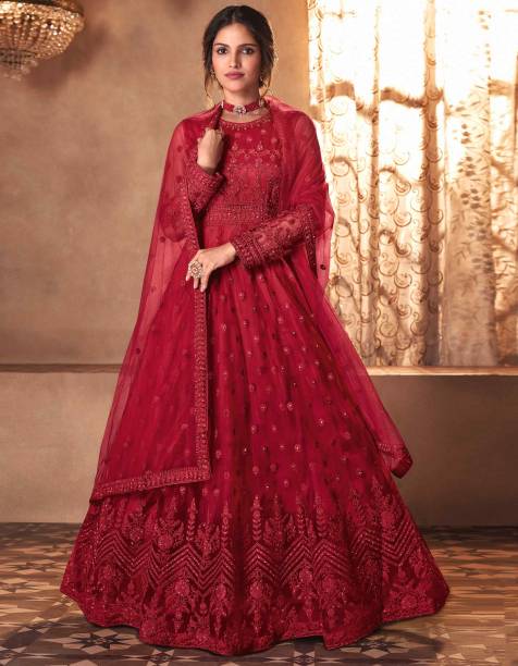 Unstitched Net/Lace Gown/Anarkali Kurta & Bottom Material Embroidered Price in India