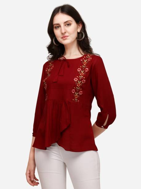 Prettify Casual Embroidered Women Red Top