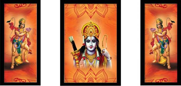 voorkoms Pack of 3 Set Lord Ram Ji Gods Hanuman Ji with Frame Wall Poster Home Decor 18 cm Self Adhesive Sticker