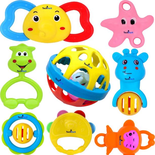 FIONATECH 8 PCs ABS Silica Rattle Set With Teether New Born Babies -Non Toxic Safe Rattle