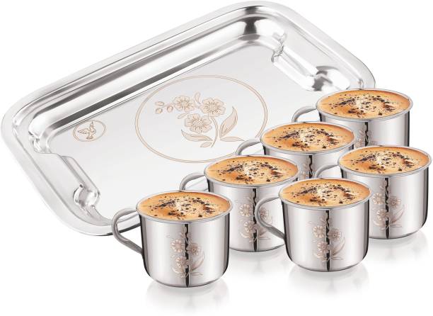 YM Stainless Pack of 7 Steel - Royal Deluxe Tea Cup Coffee Cup (6 PCs Cups with Tray) - 140ml Laser Design