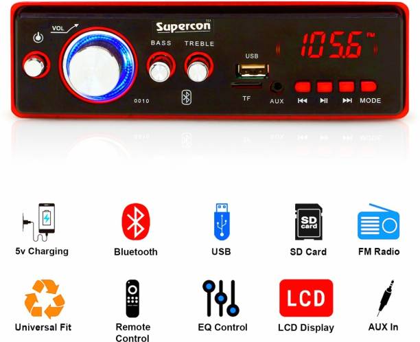 SUPERCON HI POWER MODEL-0010 Double IC High Power Universal Fit Mp3 Car Stereo with Dual USB/Bluetooth/FM/AU/Remote & Built-in Equalizer with Bass & Treble Control [Also, Includes a Free 3.5mm Premium Aux Mono Class AB Car Amplifier