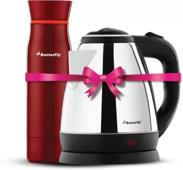 Butterfly Rapid Electric Kettle (1.5 L, Black) & H&O 500ML Flask (Terracotta Red)