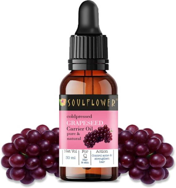 Soulflower Grapeseed Oil 30ml, 100% Premium & Pure, Natural and Coldpressed, For Acne Control, Skin Tighetning,, Face Massage, Glowing & And Shiny Hair