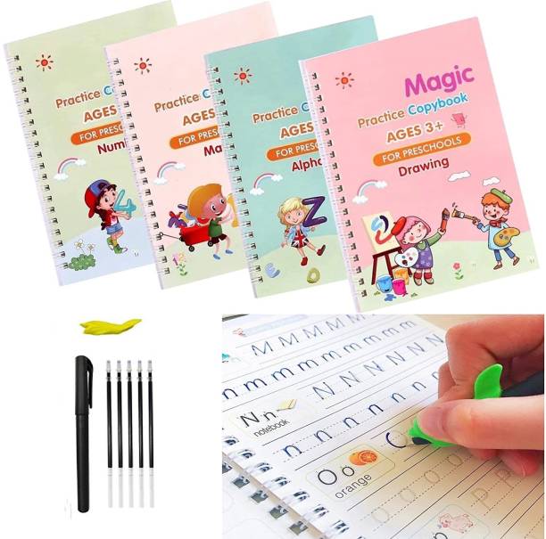 Bestie Toys Magic Practice Copy Book 4 Books And 5 Refills Number Drawing Alphabet Books