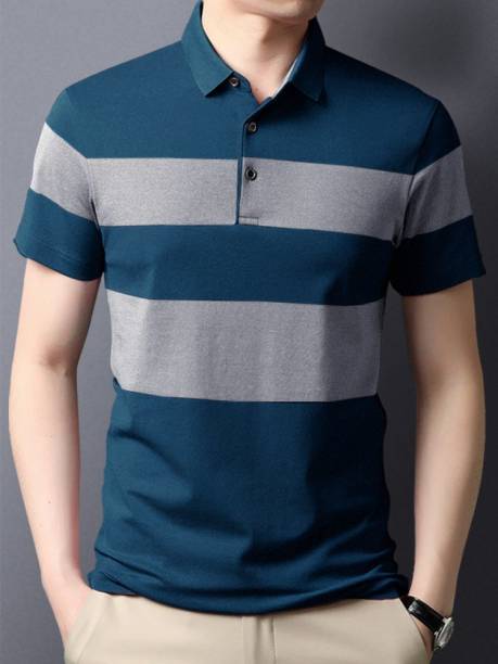 Men Striped Polo Neck Blue T-Shirt Price in India