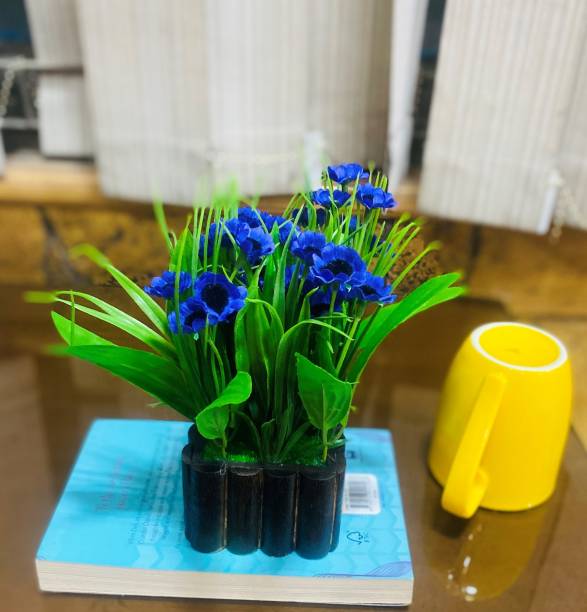 Ryme Artificial Flowers With Wooden Pot/Vase Blue Wild Flower Artificial Flower  with Pot