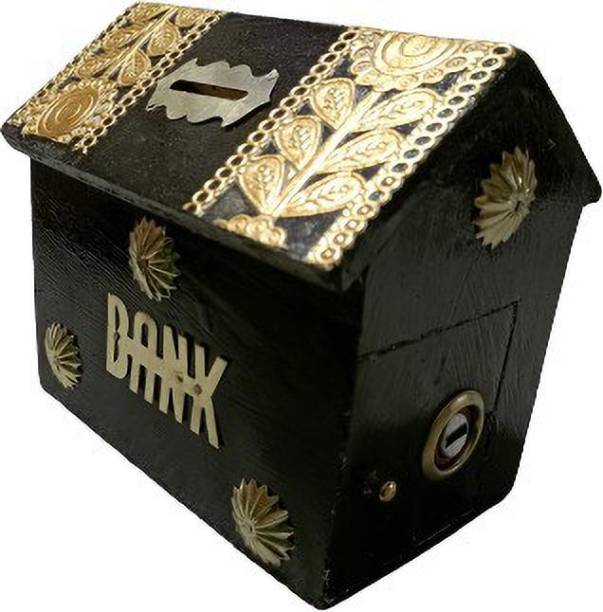Ruby Perl Wooden black color hut shape money bank for kids with 2 keys
