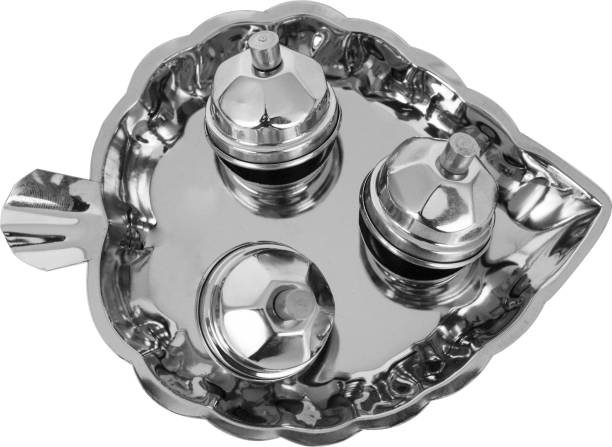 Spillbox Traditional Handcrafted Brass Thali kumkum Plate for Pooja/Worship –Leaf 3 bowl Silver