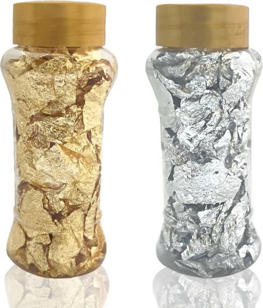 Bakedude 1 Golden foil Flake and 1 Silver foil Flake for Decorating Cake Borders and Other Sweets Baking Glitters