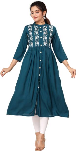 Women Embroidered Viscose Rayon A-line Kurta Price in India