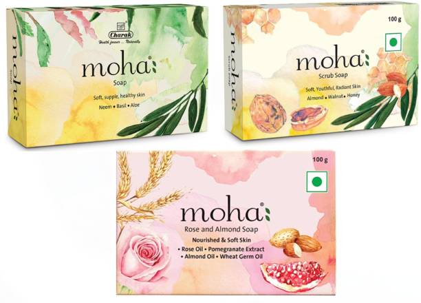 Moha Multi Soap Pack - Herbal Soap, Rose & Almond Soap and Scrub Soap (Pack of 3)