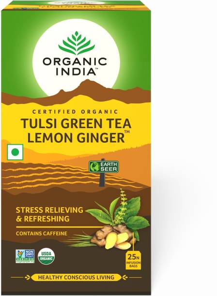 ORGANIC INDIA Lemon, Ginger and Tulsi Green Tea Bags Box