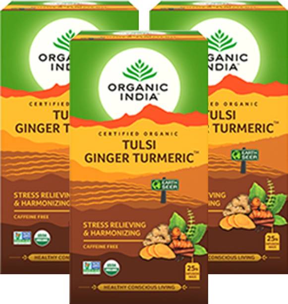 ORGANIC INDIA Ginger Turmeric Tulsi Green Tea Bags Box