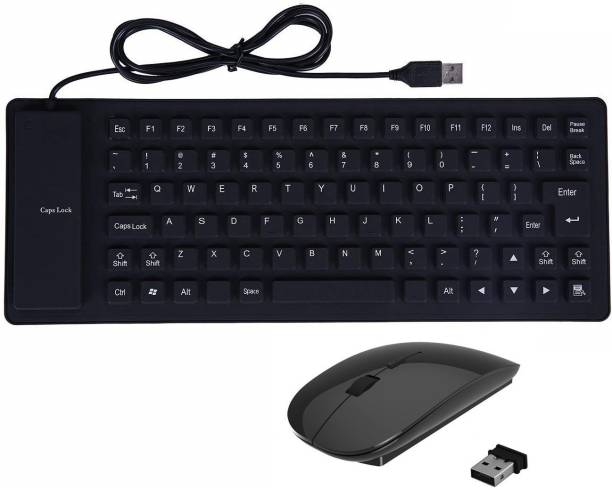 ROQ Silicone Rubber Waterproof Flexible Wired USB With Slim Wireless Mouse Wired USB Multi-device Keyboard