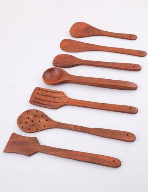 APEX ARTS Wooden Non-Stick Serving and Cooking Spoon (Pack of 7 BROWN) Disposable Wooden Serving Spoon, Dessert Spoon, Measuring Spoon Set