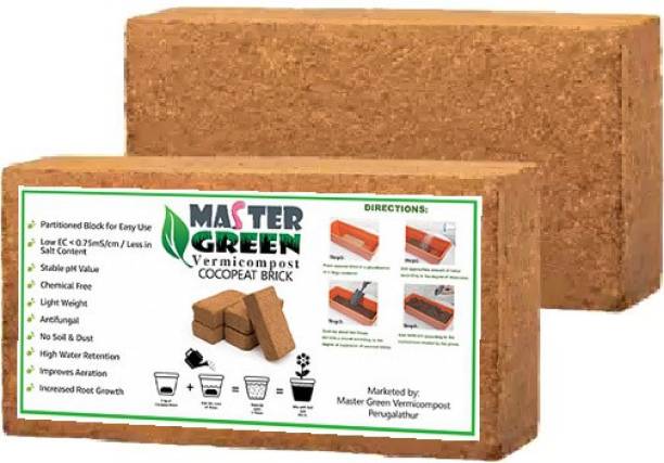 master green Premium Cocopeat Brick 650g (Expand to 10 liters of Cocopeat powder) pack of 2 Manure, Fertilizer, Soil, Potting Mixture