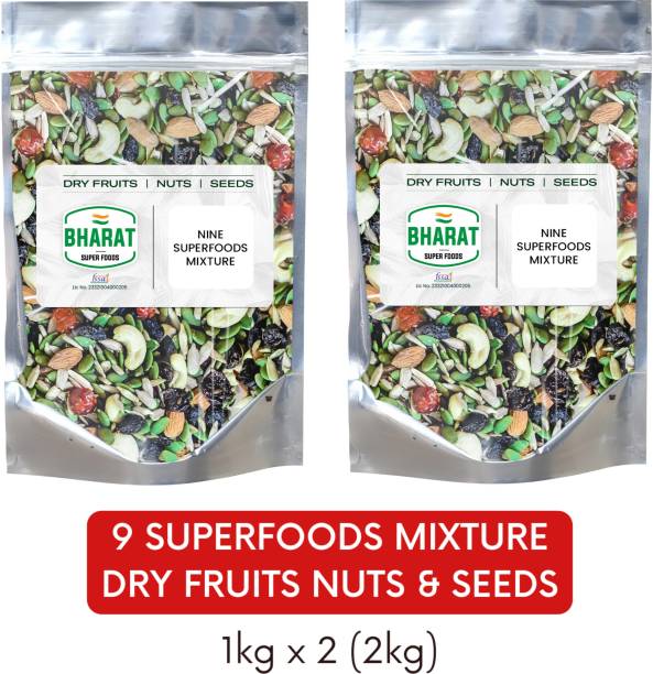 Bharat Super Foods Premium Dry Fruits, Nuts &amp; Seeds Mix 2kg (Super Healthy 9 in 1 Mixture) - 100% Natural - 2 Packs of 1kg each - 2kg Assorted Seeds &amp; Nuts