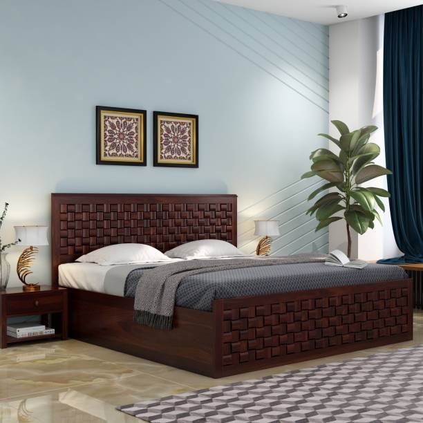 PlusOne Flamingo Bed With Hydraulic Storage (King Size, Walnut Finish) Solid Wood King Hydraulic Bed