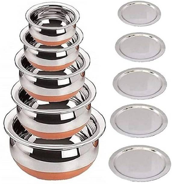 LIMETRO STEEL Set of 5 Copper Base Handi with Lid / Urli Set / Steel Cookware Set