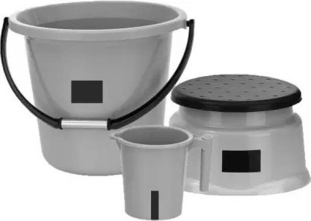 PRAGATI SALES New Standard Plastic Plain Design Bucket with Mug & Stool ( Grey ) 18 L Plastic Bucket
