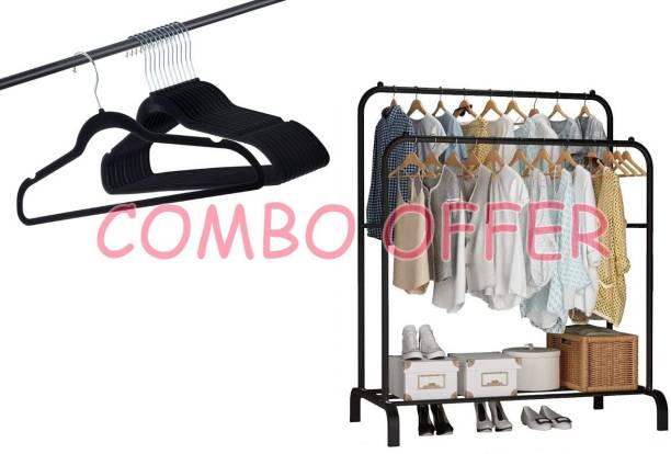 lukzer Double Garment Stand Combo with 12PC Velvet Hangers Coat Rack (150 x 110 x 40cm) Metal Coat and Umbrella Stand