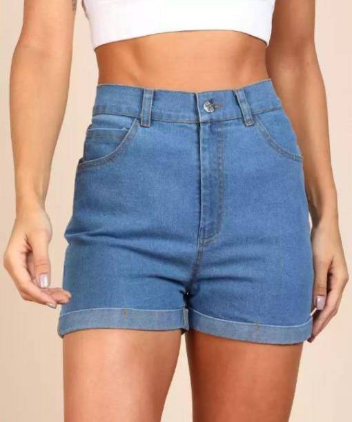 MONTREZ Solid Women Denim Blue Denim Shorts