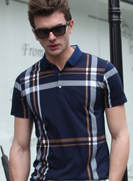 Men Checkered Polo Neck Blue T-Shirt Price in India