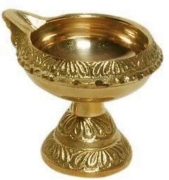 DivineMetal Brass Puja Thali Set Akhand Diya, Puja/Pooja Bell/ Ghanti & Deepak For Home Brass (Pack of 3) Table Diya Set