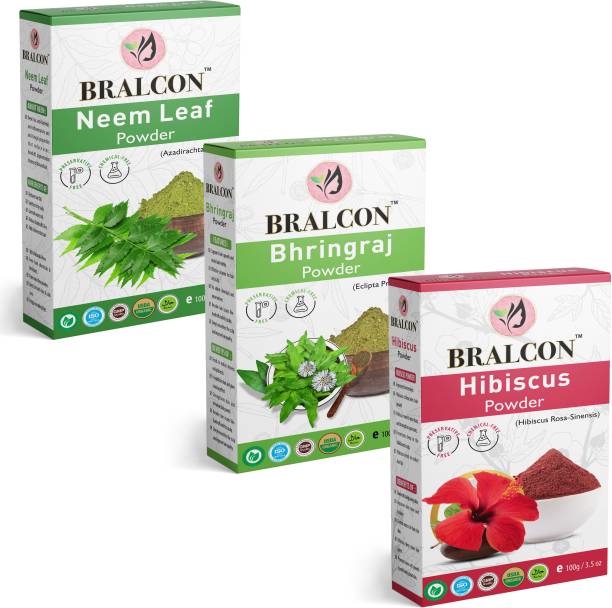 BRALCON Organic Neem Leaves Powder, Bhringraj Powder, Hibiscus Powder Combo-(100g x 3 )|