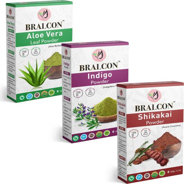 BRALCON Organic Aloe Vera Leaf Powder, Indigo, Shikakai Powder Combo-100g Each Pack,