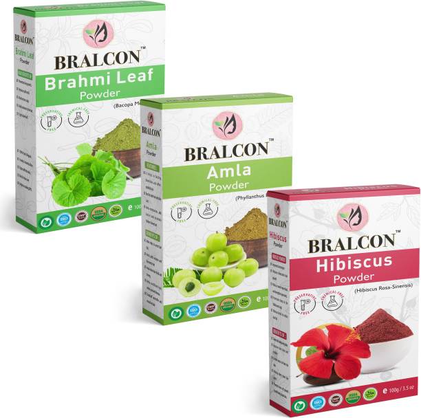 BRALCON Organic Brahmi Leaf Powder, Amla Powder, Hibiscus Flower Powder Combo-(100g x3)|