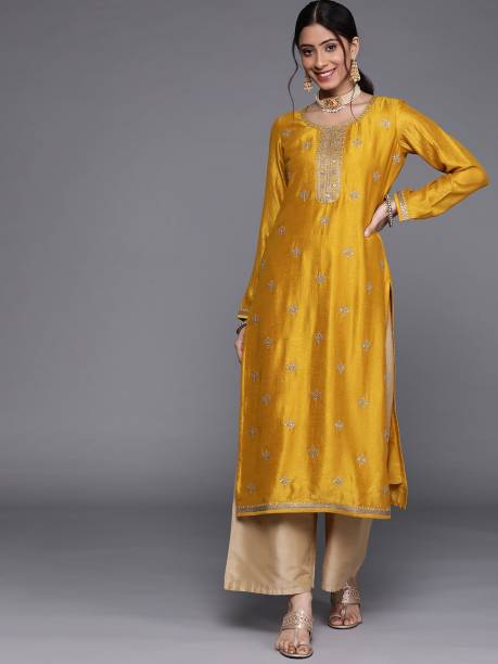 Women Embellished Silk Blend Straight Kurta Price in India