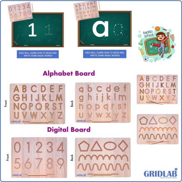 Gridlab 4 IN 2 Combo English Alphabet, Number and Patten Board|Capital Word "ACBD", Small Word "abcd" and Number "0 To 9", Curve Pattens|Educational Puzzle Toys, Teach your Child about Alphabets, Number and Patten Board for 2+ Years Old Kids