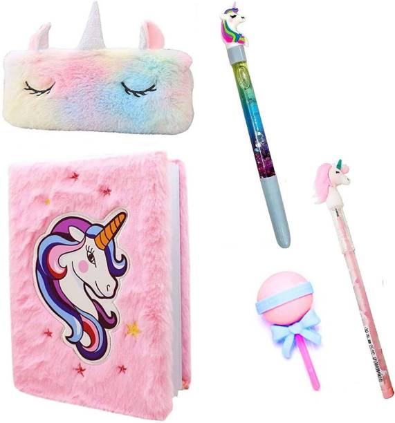 Neel Combo of 5Pcs Unicorn Pouch, Diary, Water Pen, Pencil and design Eraser for Kids