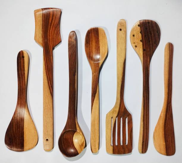 decorlay Natural Cooking Spoon Set of 7 | 2 Frying, 1 Serving, 1 Spatula, 1 Chapati Spoon, 1 Desert, 1 Rice | Rosewood Utensils | Brown Disposable Wooden Table Spoon Set