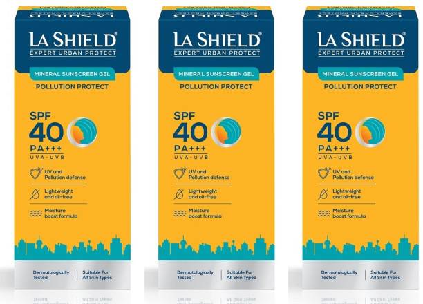 La Shield Mineral Sunscreen Gel For Pollution Protect - SPF 40 PA+++ ,50 g x Pack of 3 - SPF SPF 40 PA+++