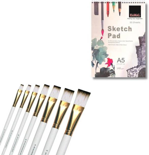 KAMAL COMBO OF Flat WHITE BROWN Handle Golden Synthetic Hair Taklon Paint Brushes for Oil, Nail, Artist Acrylic Painting - Set of 7 WITH Drawing and Sketch Pad for Artists, 120LB/140GSM Drawing pad, 50 Sheets/100 Pages Sketch Book for Alcohol Markers, Solvent Markers, Pencils, Charcoal, Pastels etc. Great Gift Idea! (A5)