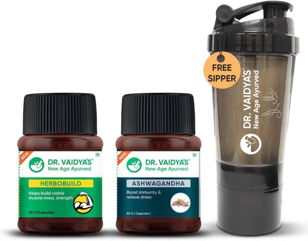 Dr. Vaidya's Muscle Builder Pack | Herbobuild x 1, Ashwagandha x 1 + Free Sipper bottle