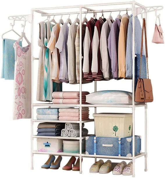 HOUSE OF QUIRK Garment Free Standing Wardrobe with 4 Hangers and 4-Tier (White)-86X44X174Cm Metal Coat and Umbrella Stand