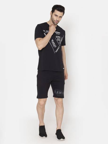 Flawless Men Printed Black Top & Shorts Set