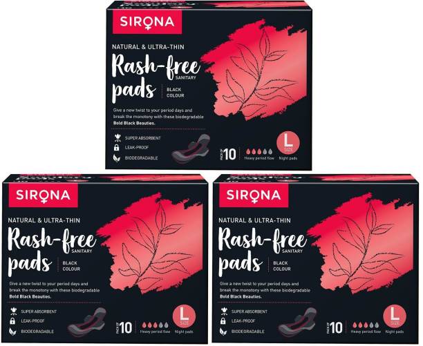 SIRONA Biodegradable Super Soft Black Sanitary Pads/Napkins, Antibacterial, Ultra Thin and Rash Free Protection - Large (L) Night Pads - 30 Count (3 Pack - 10 Pads Each) Sanitary Pad