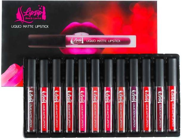 lipsip BEAUTY Set of 12 Liquid Lipsticks Matte Finish Long Lasting Lipstick