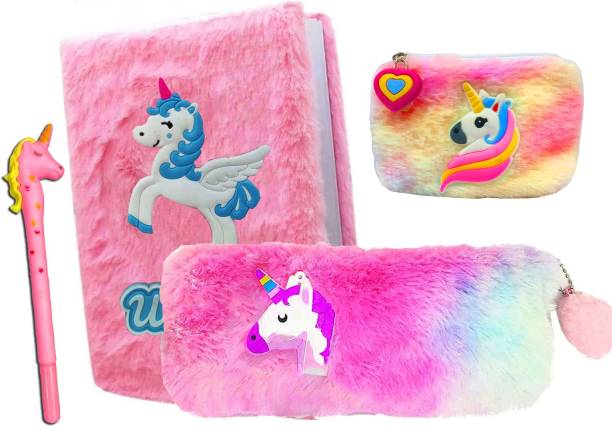 Neel Unicorn Stationery Gift Set Combo-4pc_/Fur Pouch/Fur Diary/Pen/Fur Coin Pouch