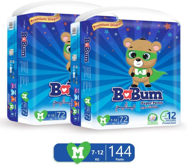 Babum Super Pants Premium Diaper | Wetness Indicator | Medium | 144 Diapers - M