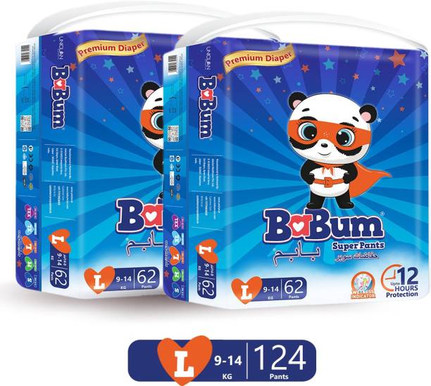 Babum Super Pants Premium Diaper | Wetness Indicator | Large | 124 Diapers - L
