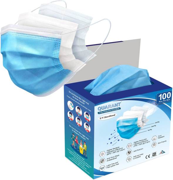 QUARANT 3 Ply Protective Surgical Face Mask, UV Sterilized, BFE >98% & PFE >95%, PFM Water Resistant Surgical Mask With Melt Blown Fabric Layer