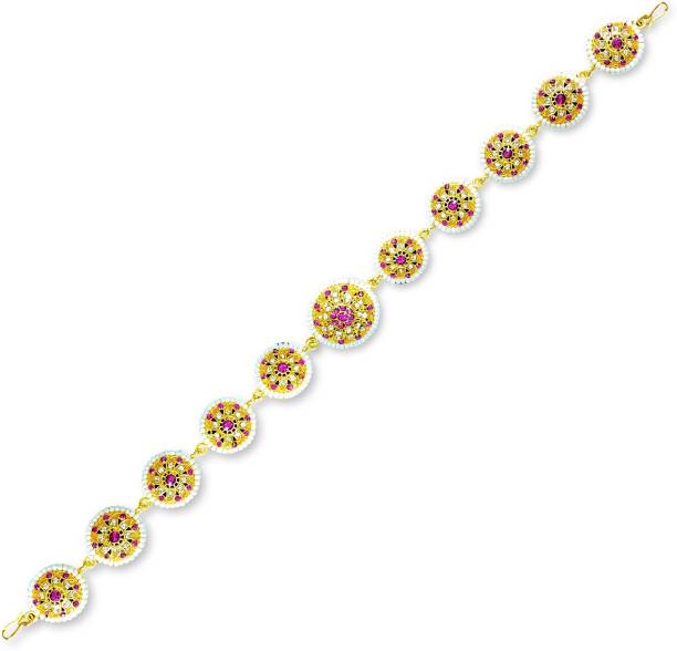 Jewelopia American Diamond with Ruby studded Gold plated Bridal Head Band