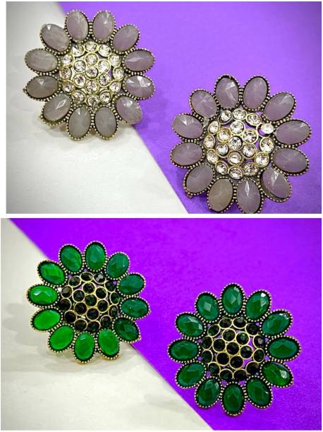 MONKDECOR Combo Set of 2 Pair Stone Tops For Girls and Women. (Grey & Green Color) Brass Stud Earring