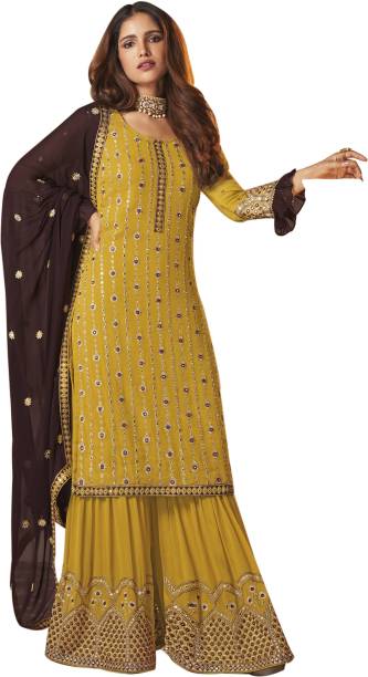 Semi Stitched Georgette Kurta & Palazzo Material Embroidered, Embellished Price in India
